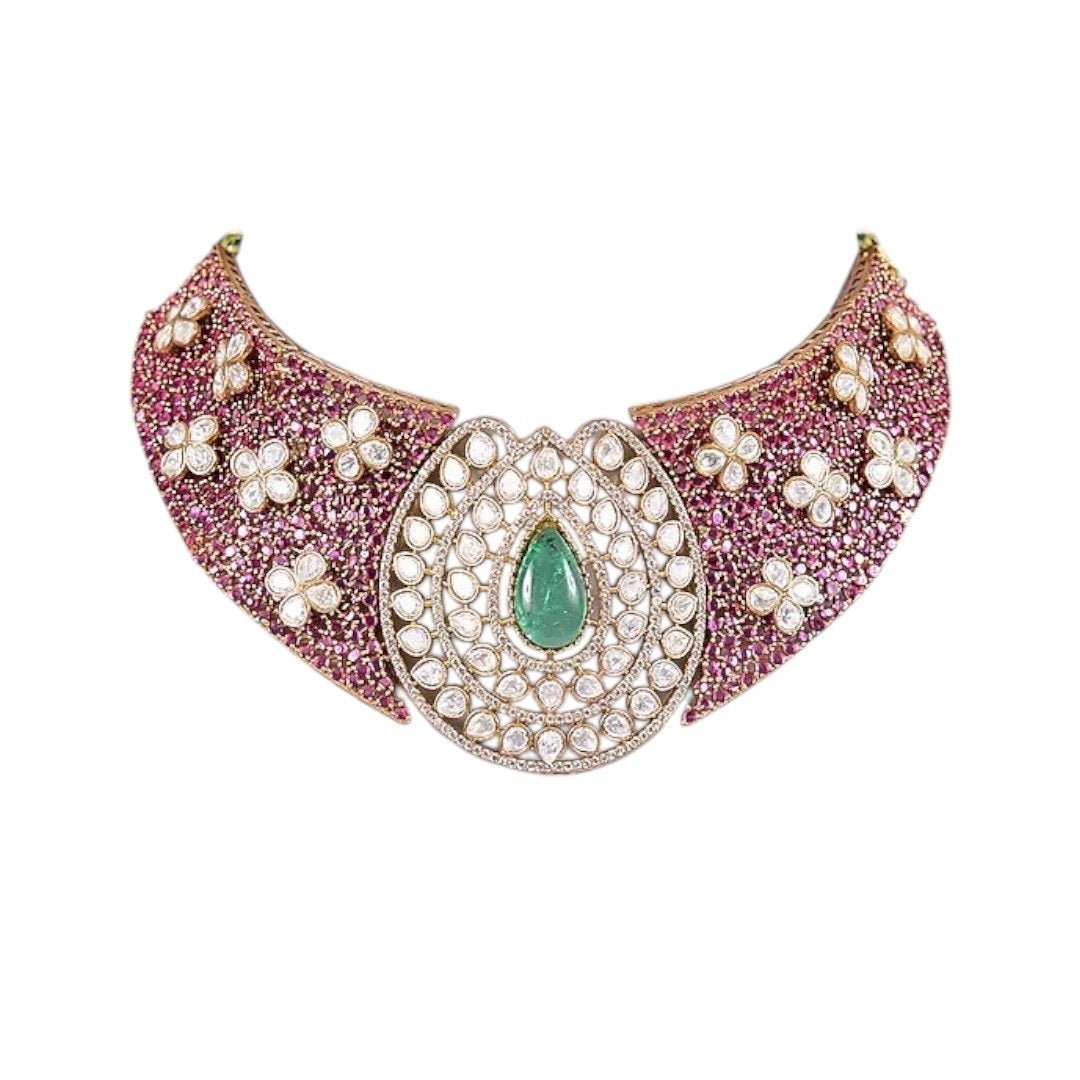 Green Stone & Pearl Embellished Kundan Choker Necklace Set - Auraa Trends - Necklace Set - - Auraa Trends - Woman wearing green kundan and pearl embellished gold - plated choker necklace set with matching oval earrings – traditional Indian bridal jewelry for weddings or festive occasions.