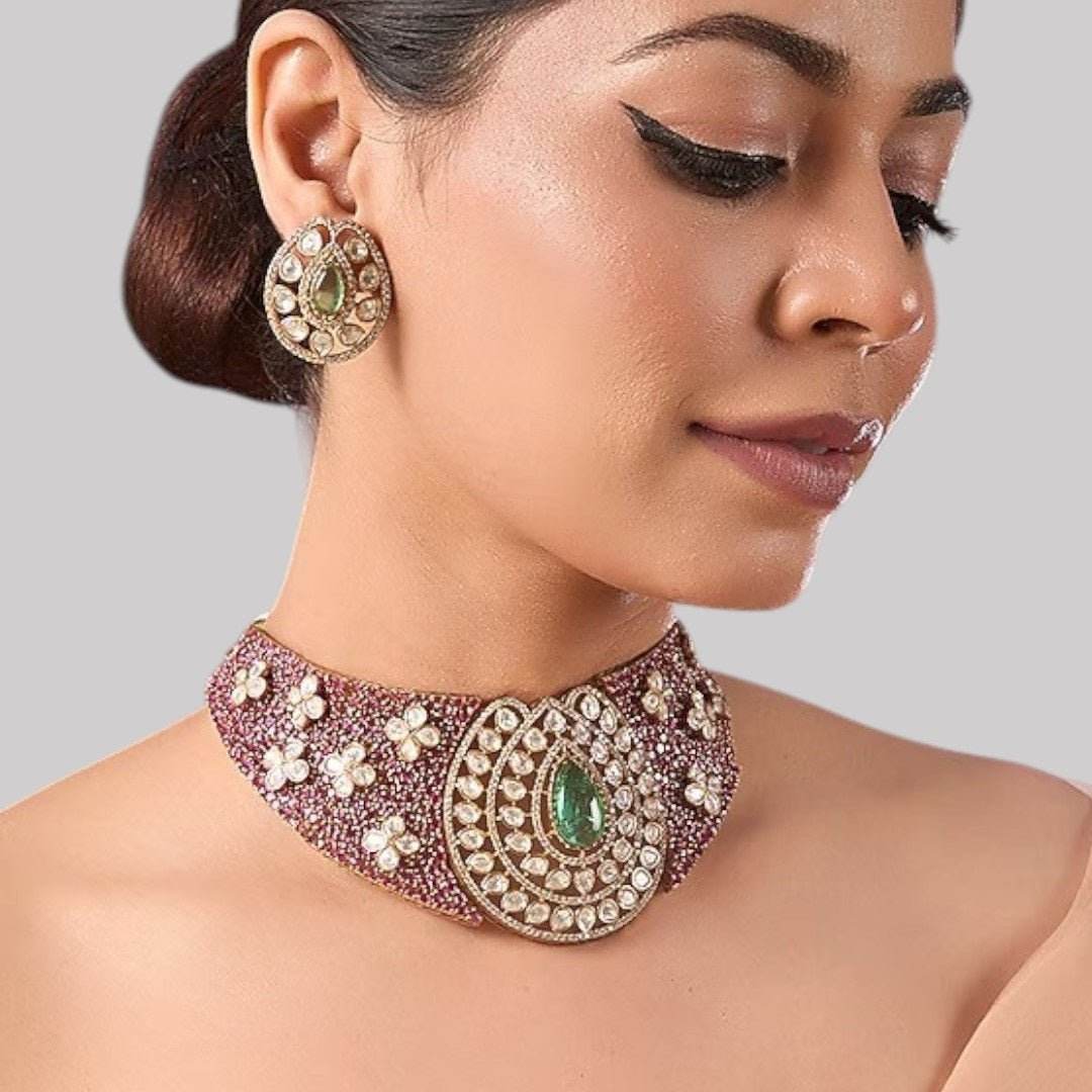 Green Stone & Pearl Embellished Kundan Choker Necklace Set - Auraa Trends