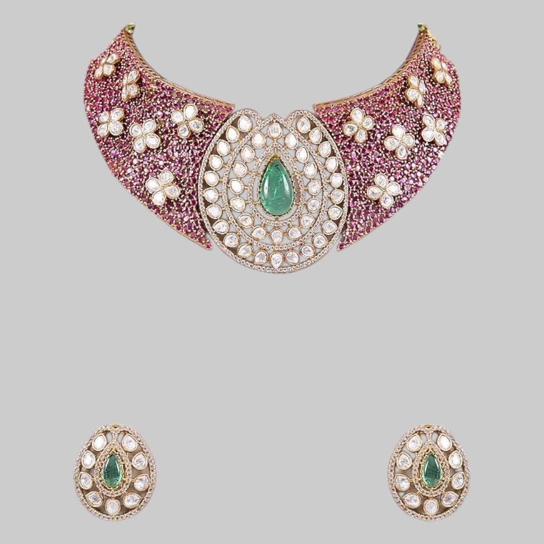 Green Stone & Pearl Embellished Kundan Choker Necklace Set - Auraa Trends - Necklace Set - - Auraa Trends - Woman wearing green kundan and pearl embellished gold - plated choker necklace set with matching oval earrings – traditional Indian bridal jewelry for weddings or festive occasions.