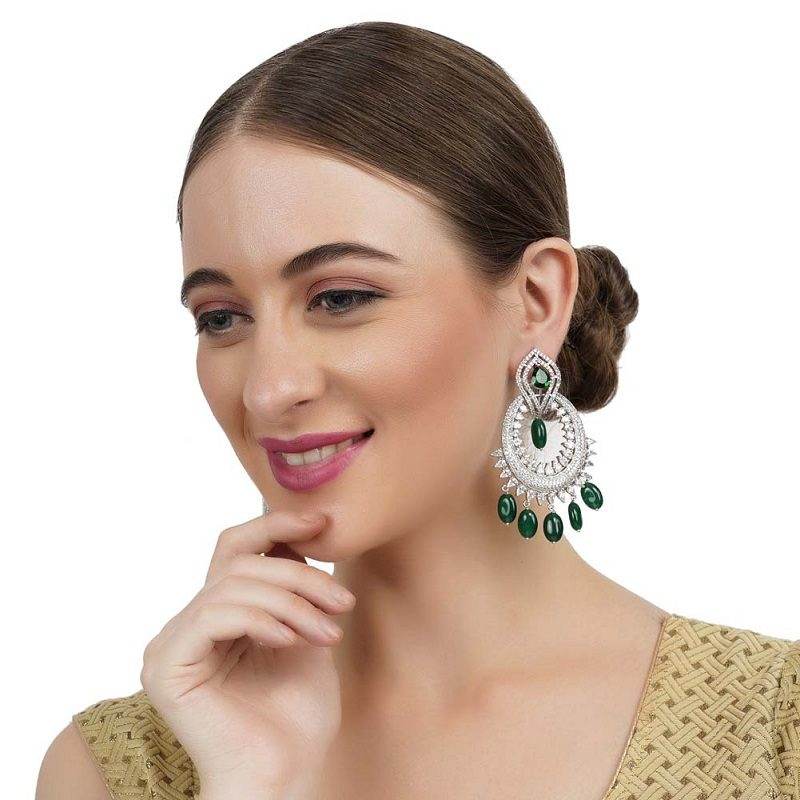 Green Stone Rhodium Plated Chandelier Earrings - Auraa Trends