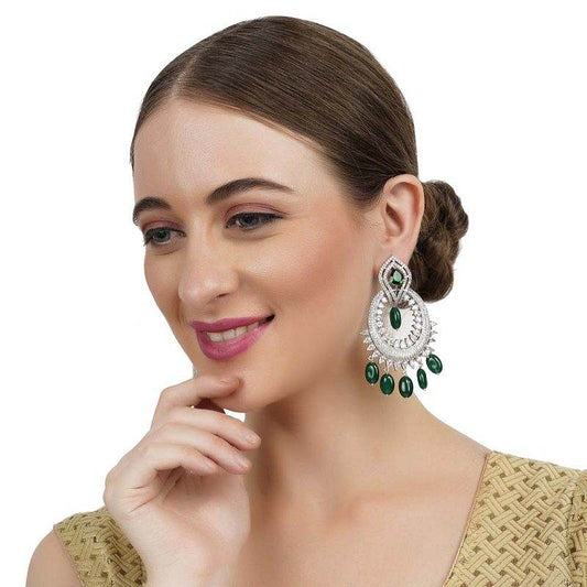 Green Stone Rhodium Plated Chandelier Earrings - Auraa Trends