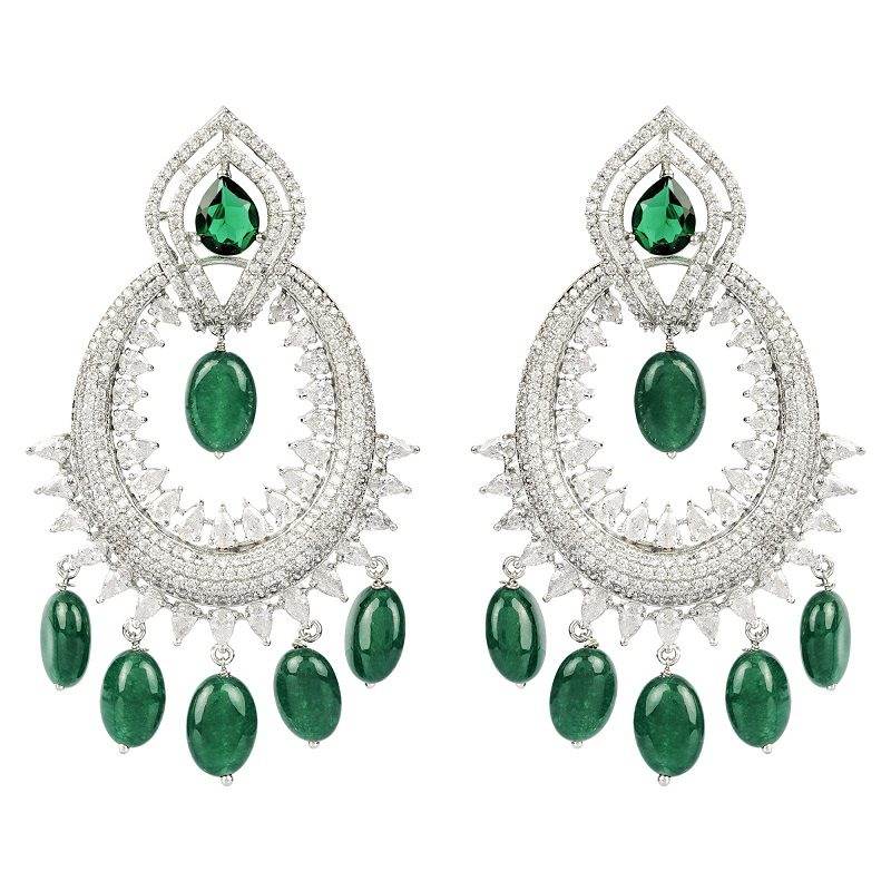 Green Stone Rhodium Plated Chandelier Earrings - Auraa Trends