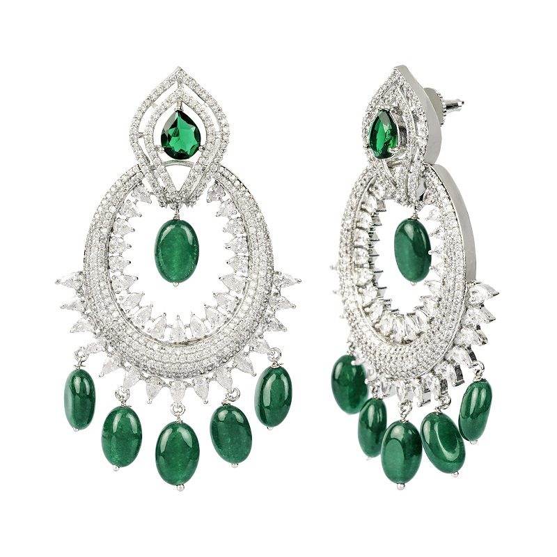 Green Stone Rhodium Plated Chandelier Earrings - Auraa Trends