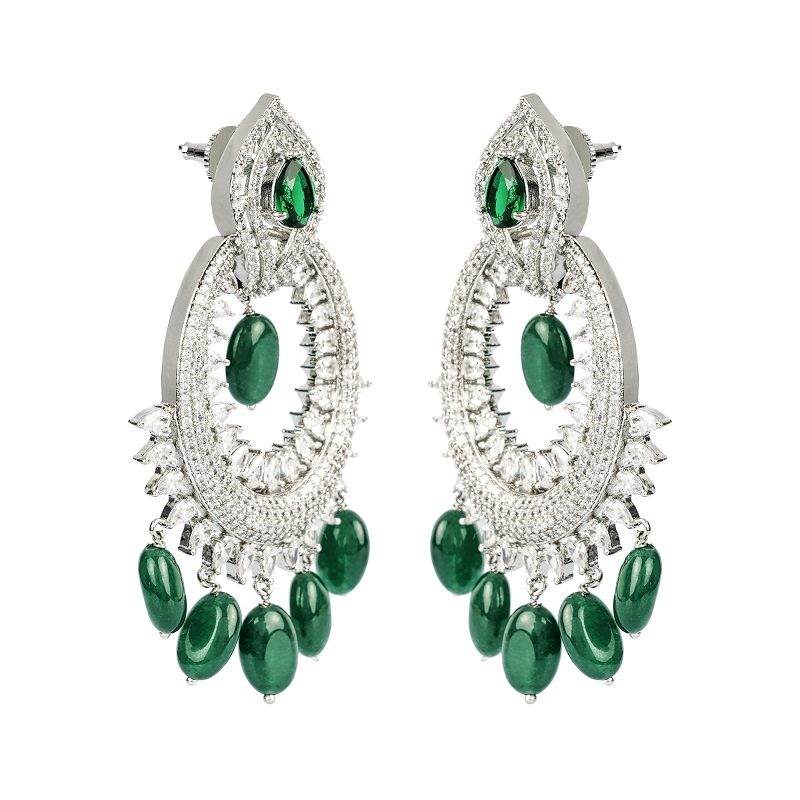 Green Stone Rhodium Plated Chandelier Earrings - Auraa Trends