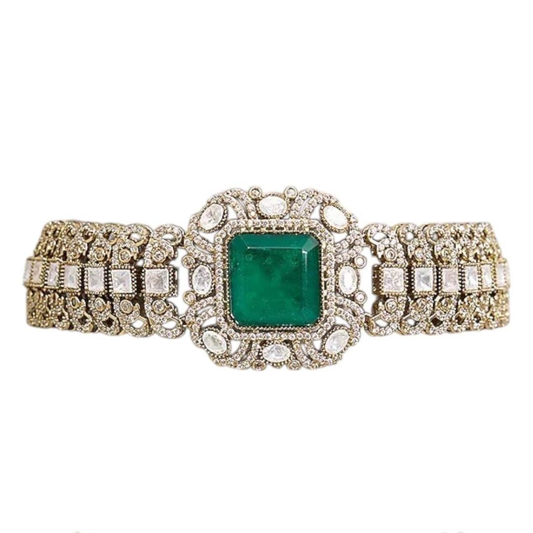 Green Stone Studded Kundan Choker Necklace Set with Matching Earrings for Women - Auraa Trends