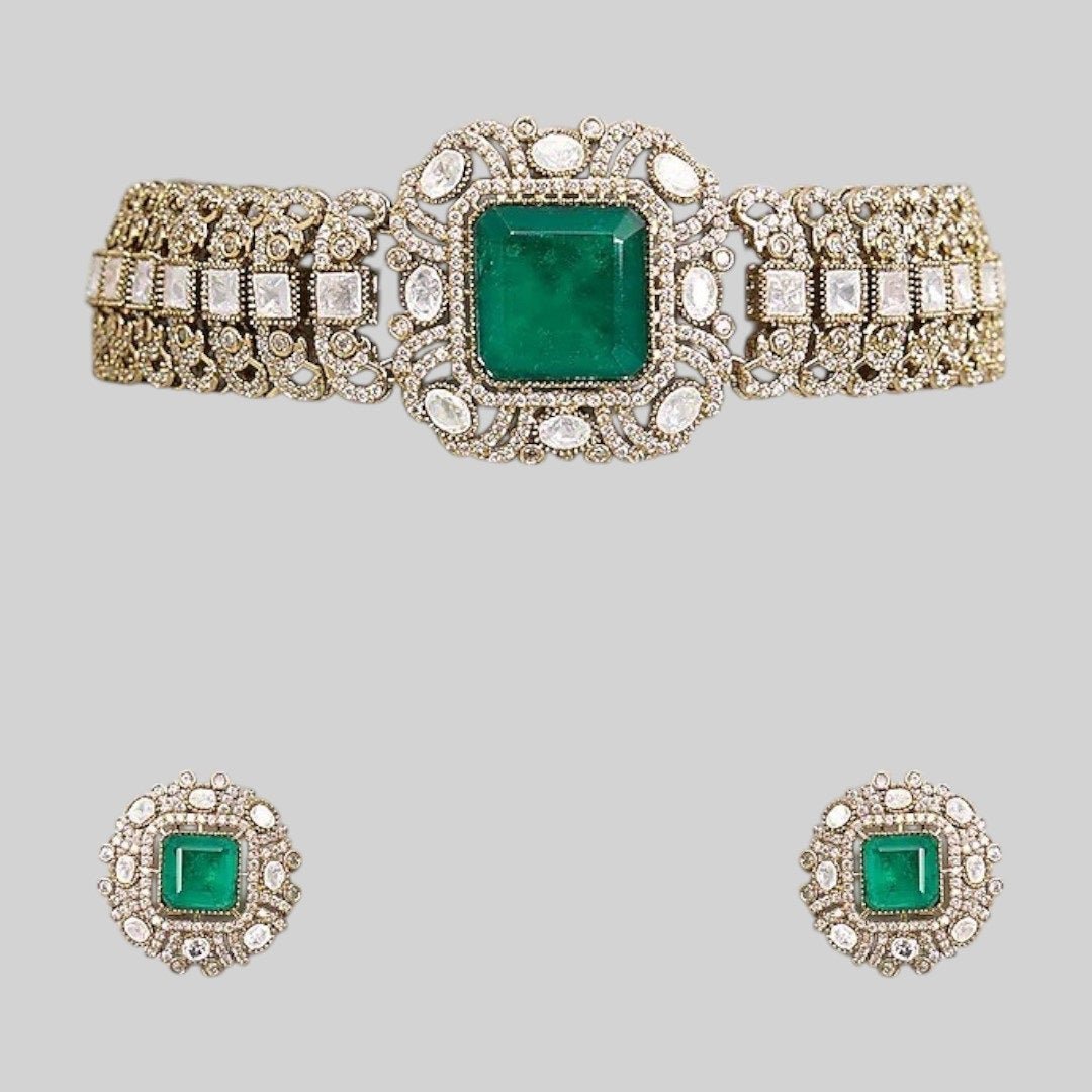 Green Stone Studded Kundan Choker Necklace Set with Matching Earrings for Women - Auraa Trends - Necklace Set - - Auraa Trends - "Green stone studded kundan choker necklace with matching round earrings – Elegant traditional Indian jewelry set for women"