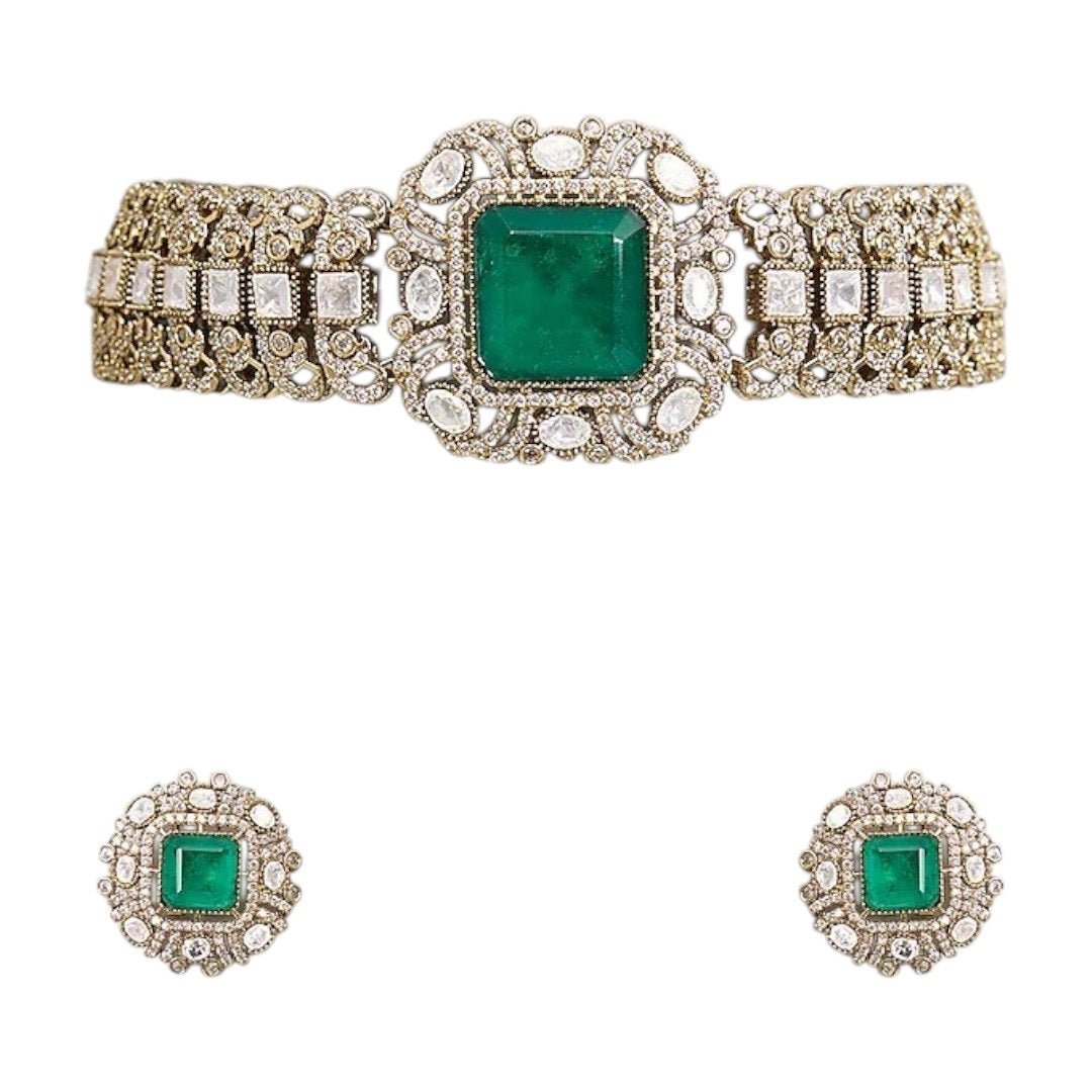 Green Stone Studded Kundan Choker Necklace Set with Matching Earrings for Women - Auraa Trends - Necklace Set - - Auraa Trends - "Green stone studded kundan choker necklace with matching round earrings – Elegant traditional Indian jewelry set for women"