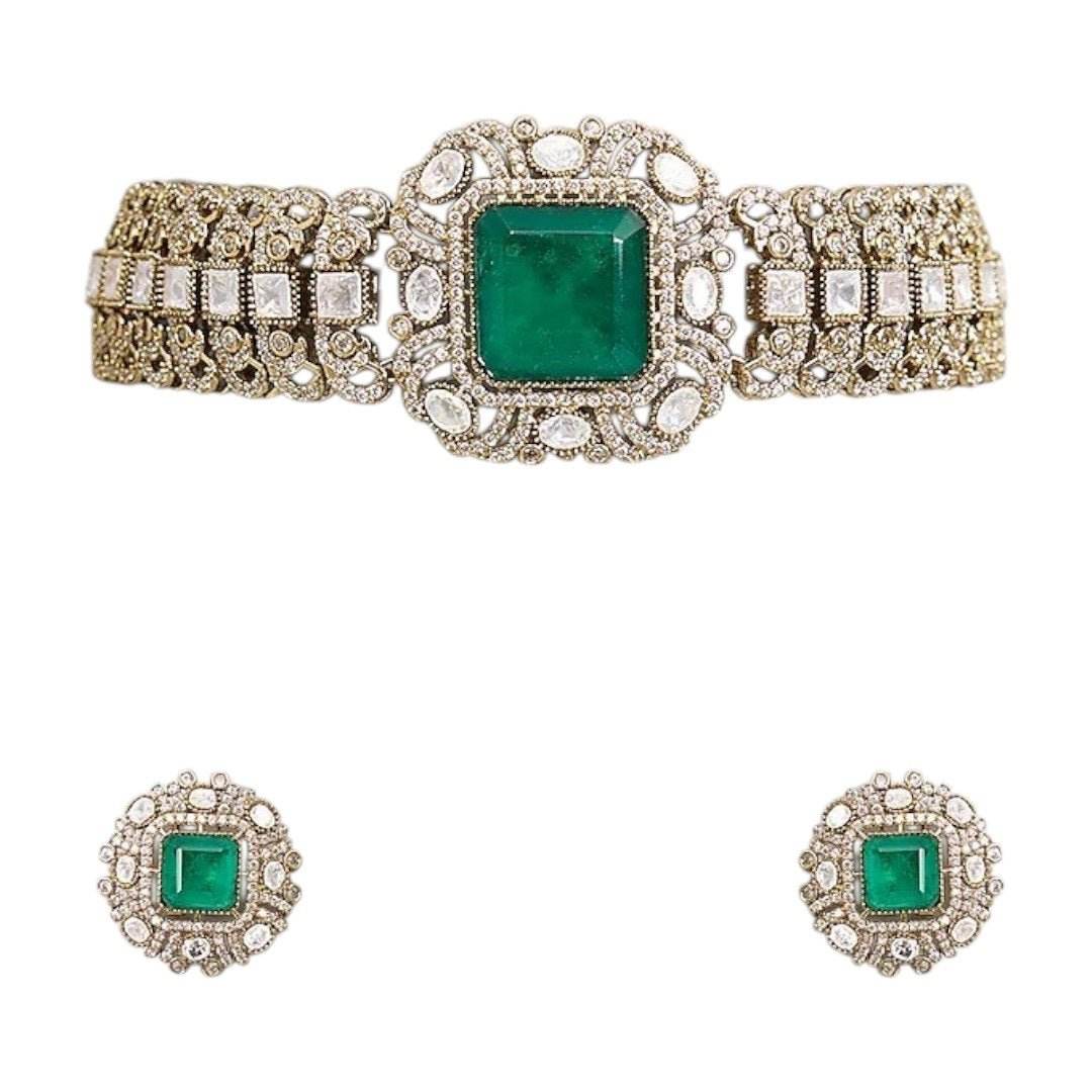 Green Stone Studded Kundan Choker Necklace Set with Matching Earrings for Women - Auraa Trends