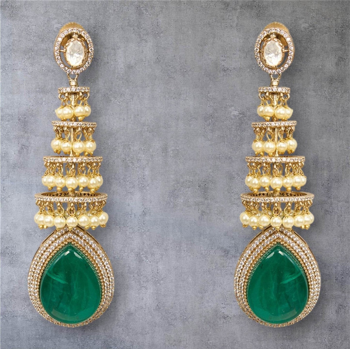 Green Teardrop Tiered Jhumka Earrings - Auraa Trends