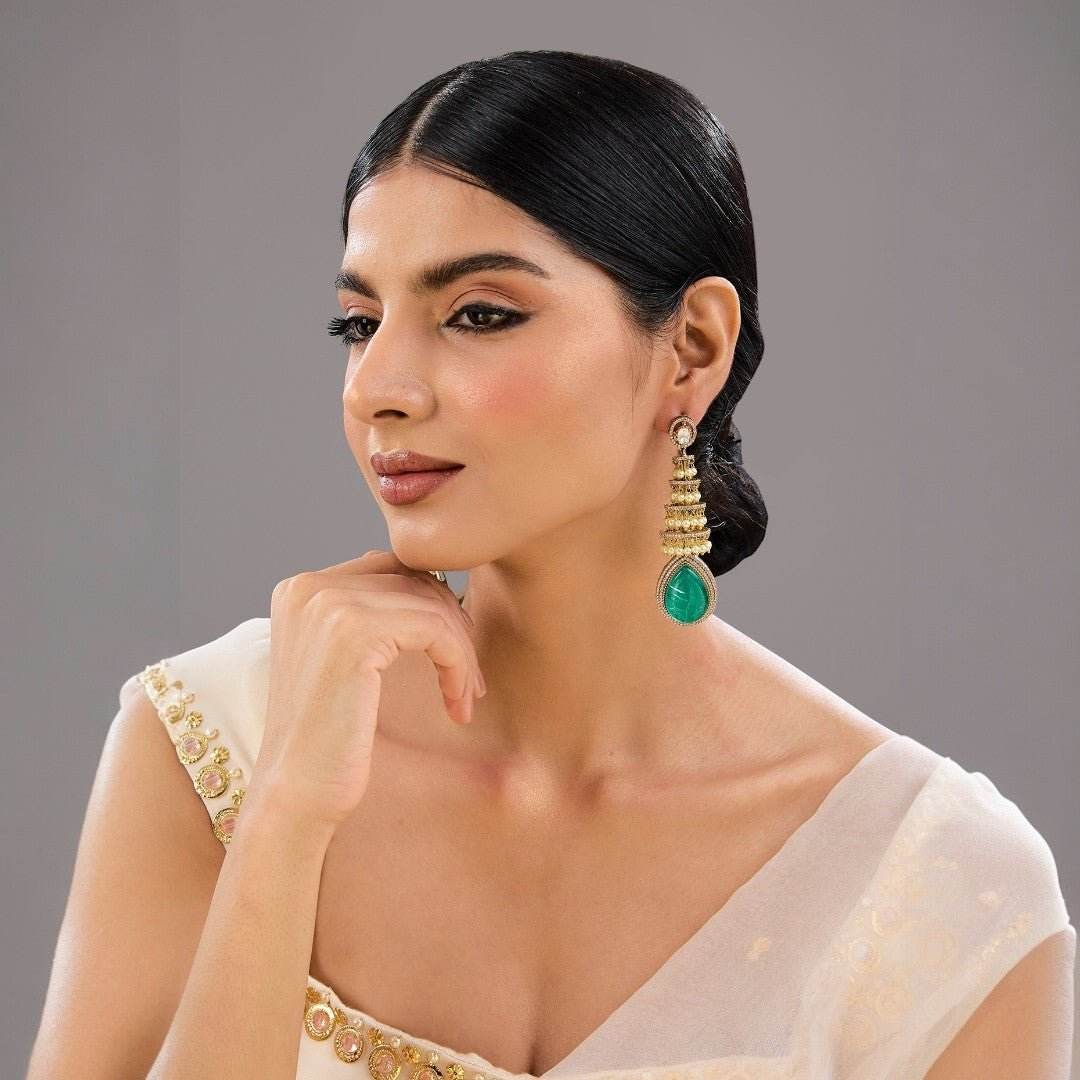Green Teardrop Tiered Jhumka Earrings - Auraa Trends