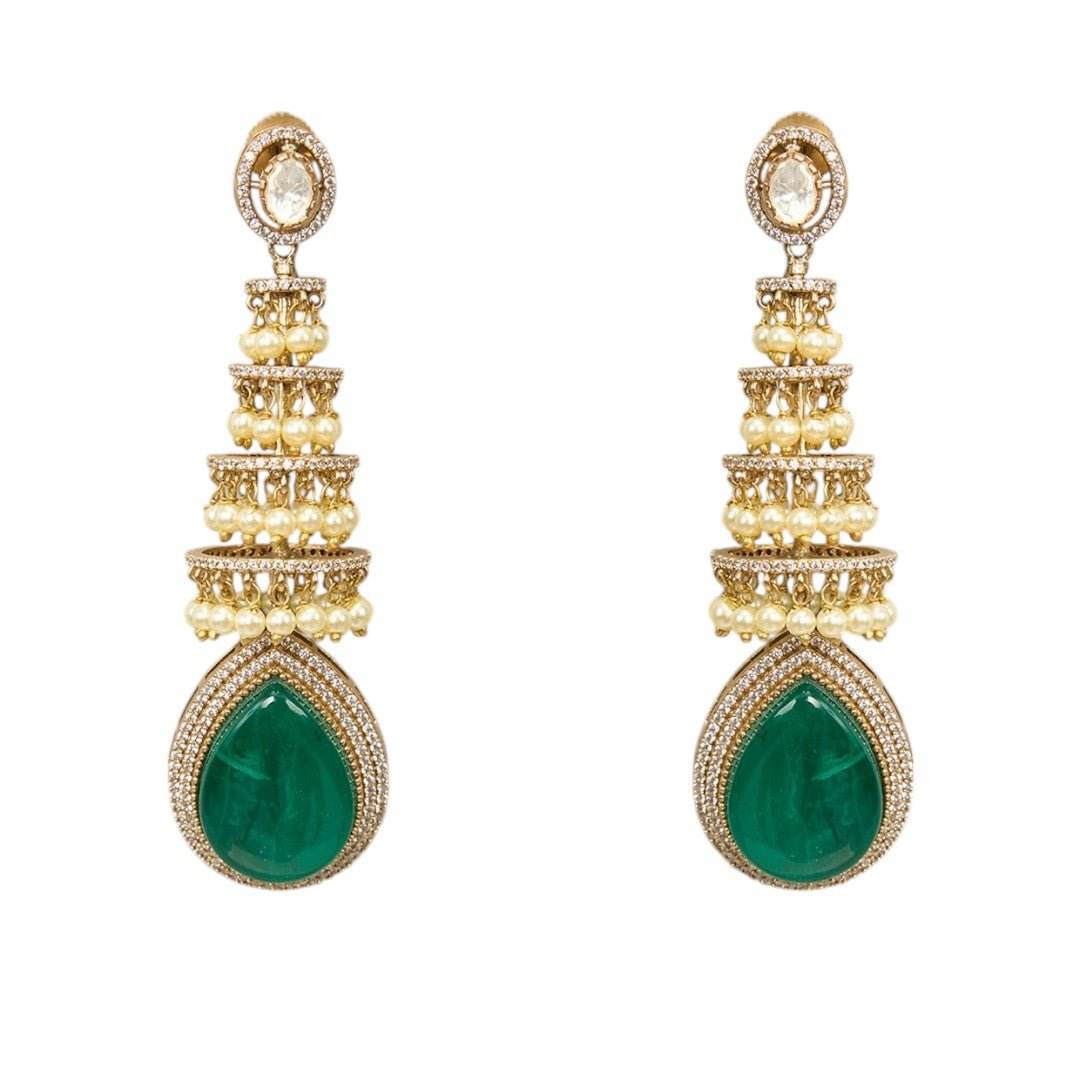 Green Teardrop Tiered Jhumka Earrings - Auraa Trends