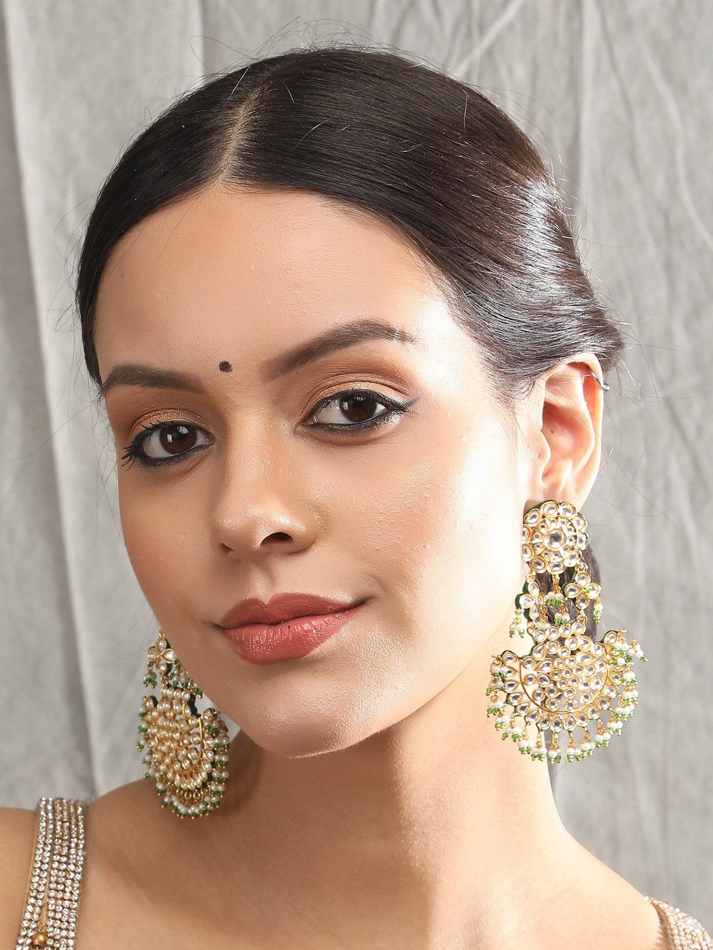 Green & White Chandbaali Earrings with Pearl Accents - Auraa Trends