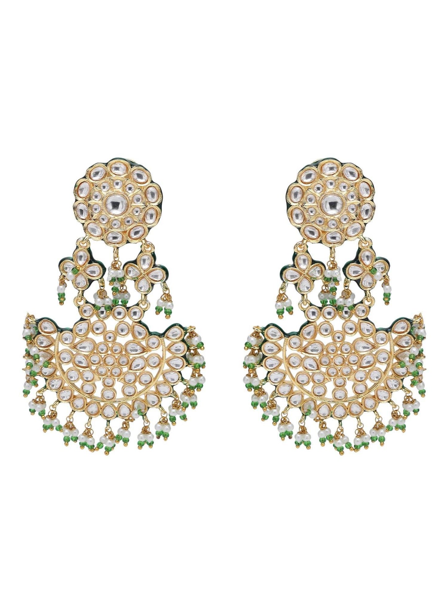 Green & White Chandbaali Earrings with Pearl Accents - Auraa Trends