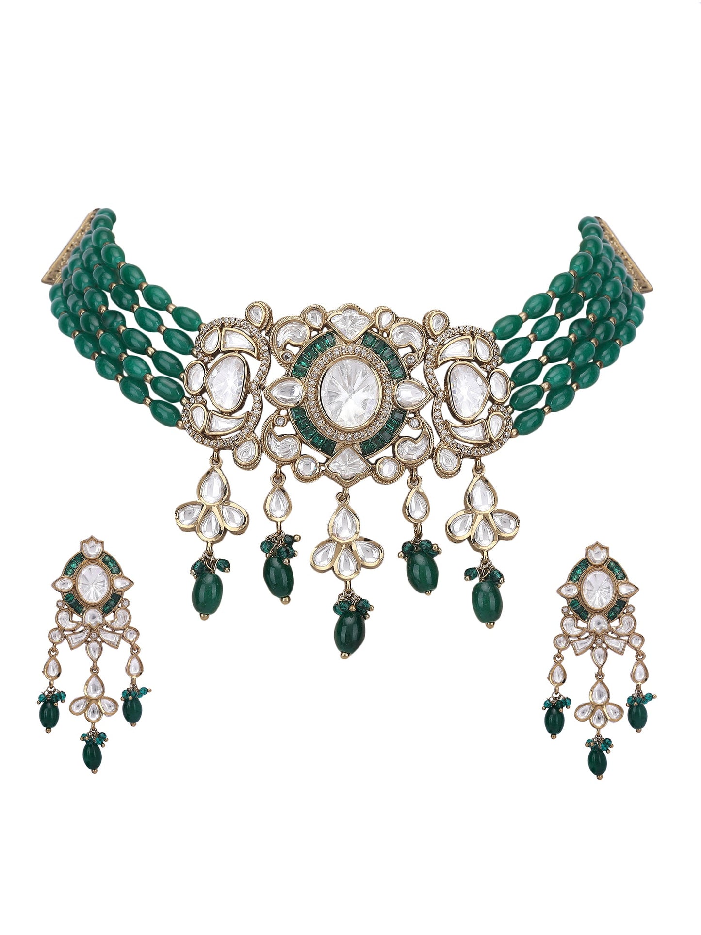 Green & White Kundan Choker Necklace Set with Earrings - Auraa Trends - Choker - Green & White Kundan Choker Necklace Set