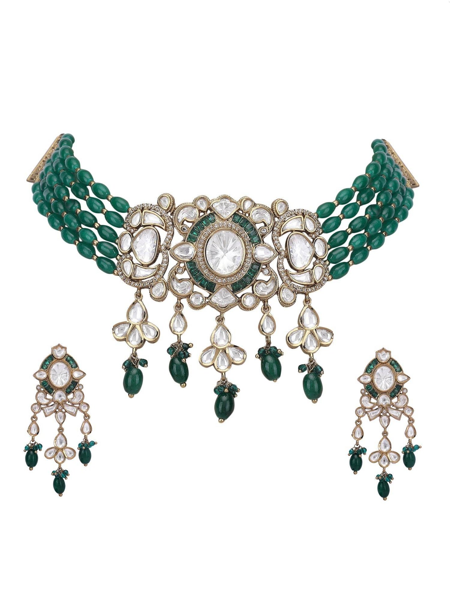 Green & White Kundan Choker Necklace Set with Earrings - Auraa Trends