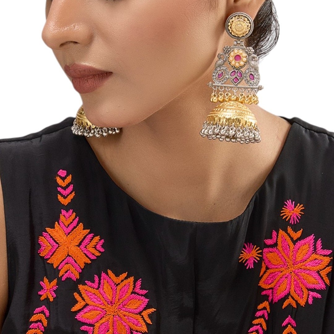 Handcrafted Dual - Tone Temple Jhumka Earrings with Pearls & Pink Stones - Auraa Trends - Earrings - - Auraa Trends - "Handcrafted gold and silver dual - tone temple jhumka earrings with pink stones and pearl drops"