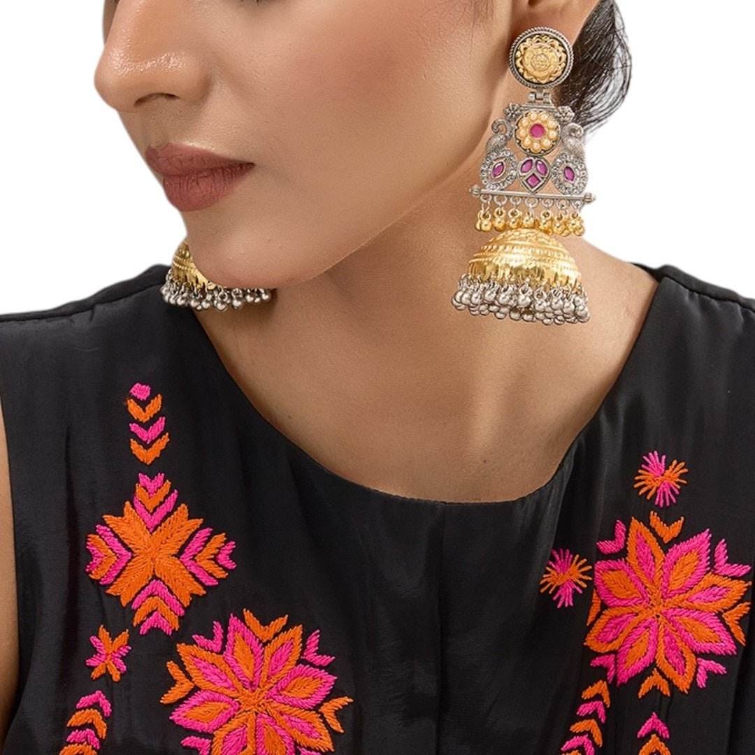 Handcrafted Dual-Tone Temple Jhumka Earrings with Pearls & Pink Stones - Auraa Trends