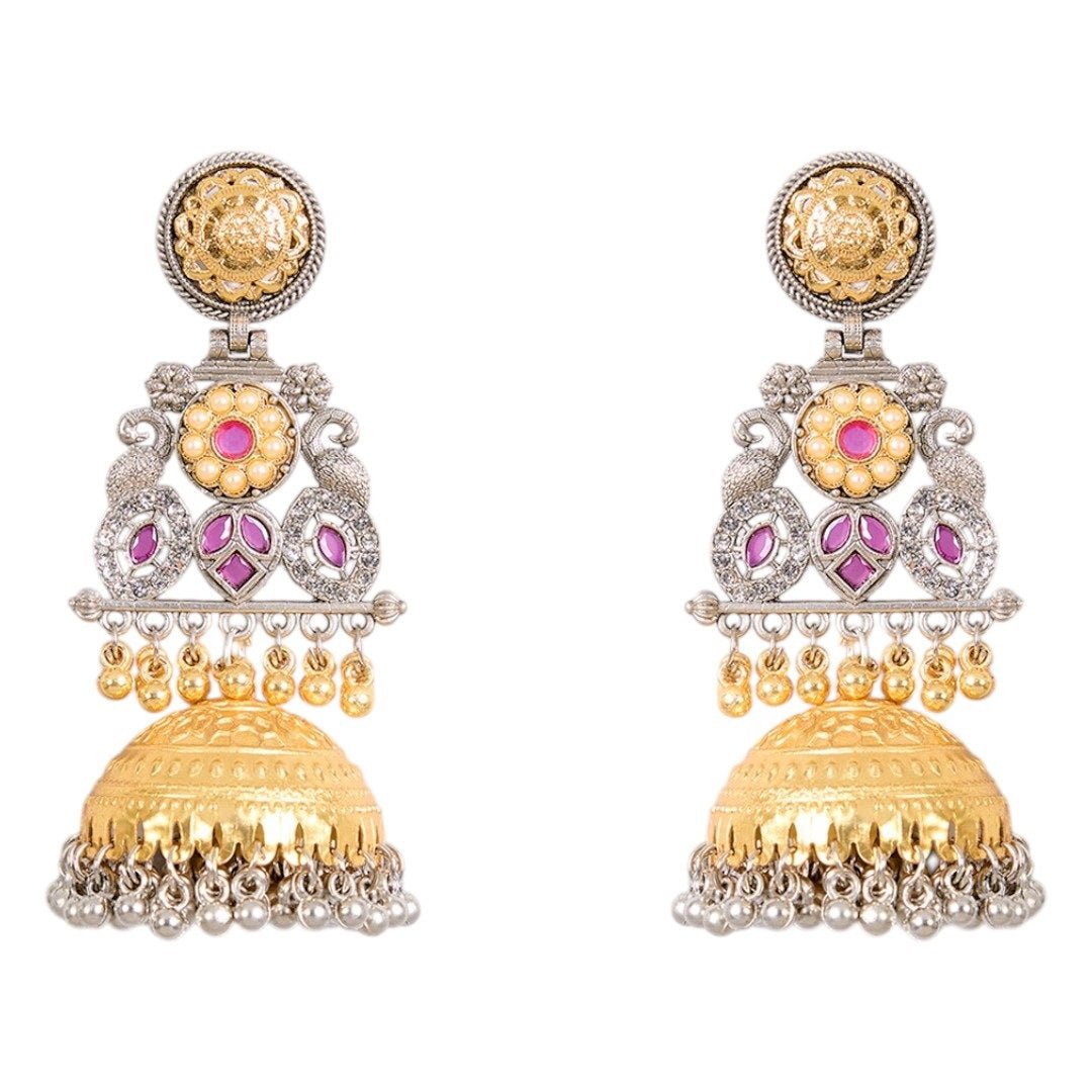 Handcrafted Dual - Tone Temple Jhumka Earrings with Pearls & Pink Stones - Auraa Trends - Earrings - - Auraa Trends - "Handcrafted gold and silver dual - tone temple jhumka earrings with pink stones and pearl drops"