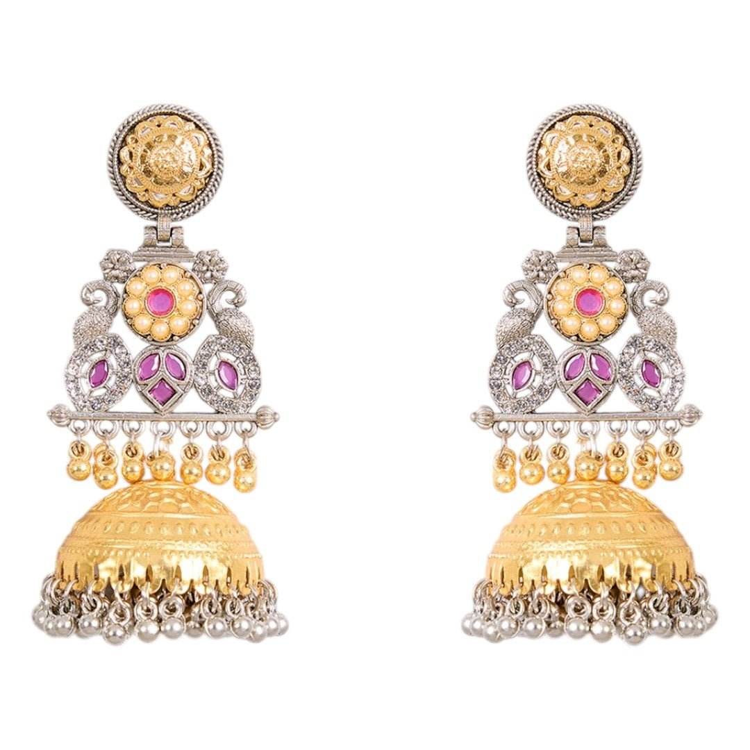 Handcrafted Dual-Tone Temple Jhumka Earrings with Pearls & Pink Stones - Auraa Trends