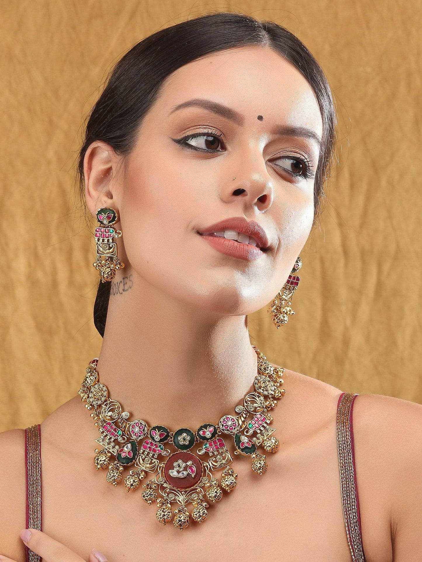 Handcrafted Gold & White Gold-Plated Beaded Necklace Set - Auraa Trends