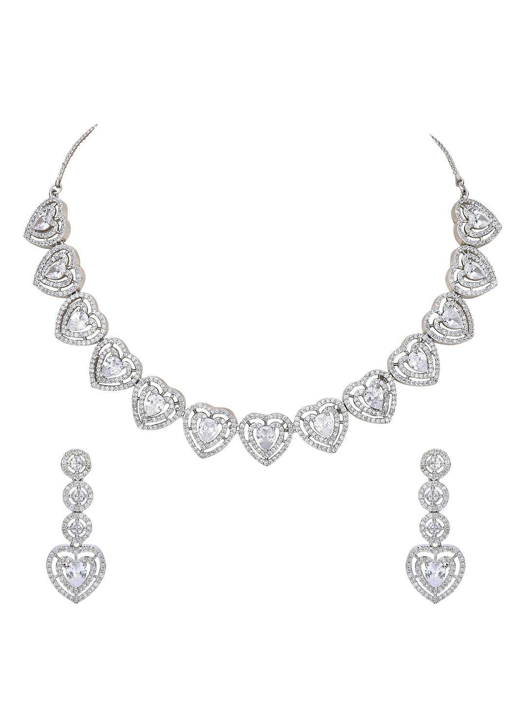 Heart Shaped Rhodium plated American Diamond Necklace Set - Auraa Trends