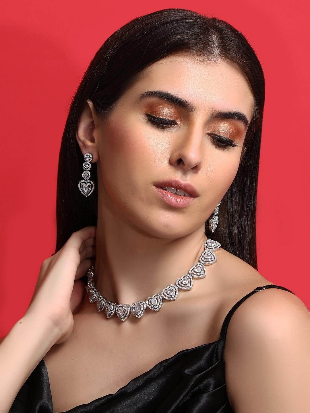 Heart Shaped Rhodium plated American Diamond Necklace Set - Auraa Trends