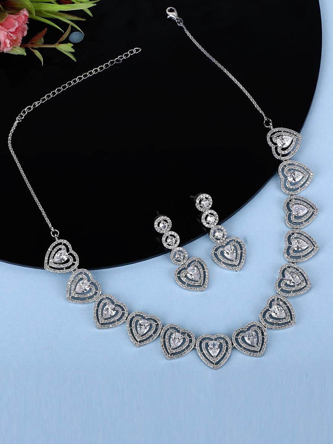 Heart Shaped Rhodium plated American Diamond Necklace Set - Auraa Trends