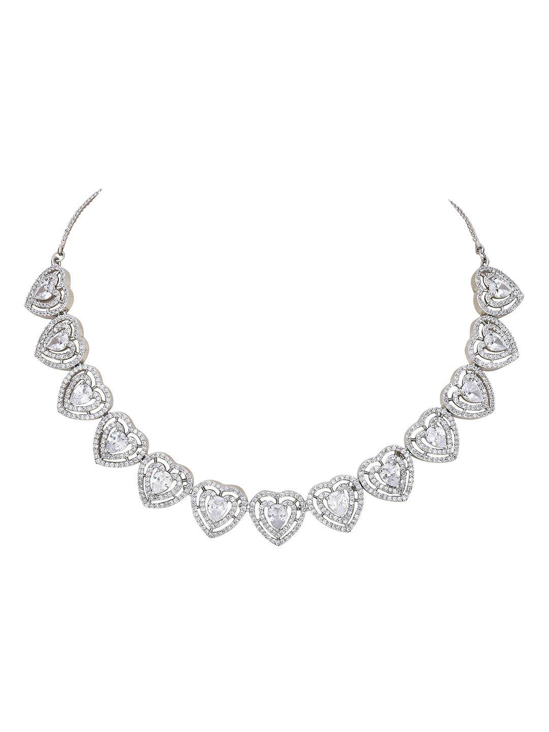 Heart Shaped Rhodium plated American Diamond Necklace Set - Auraa Trends