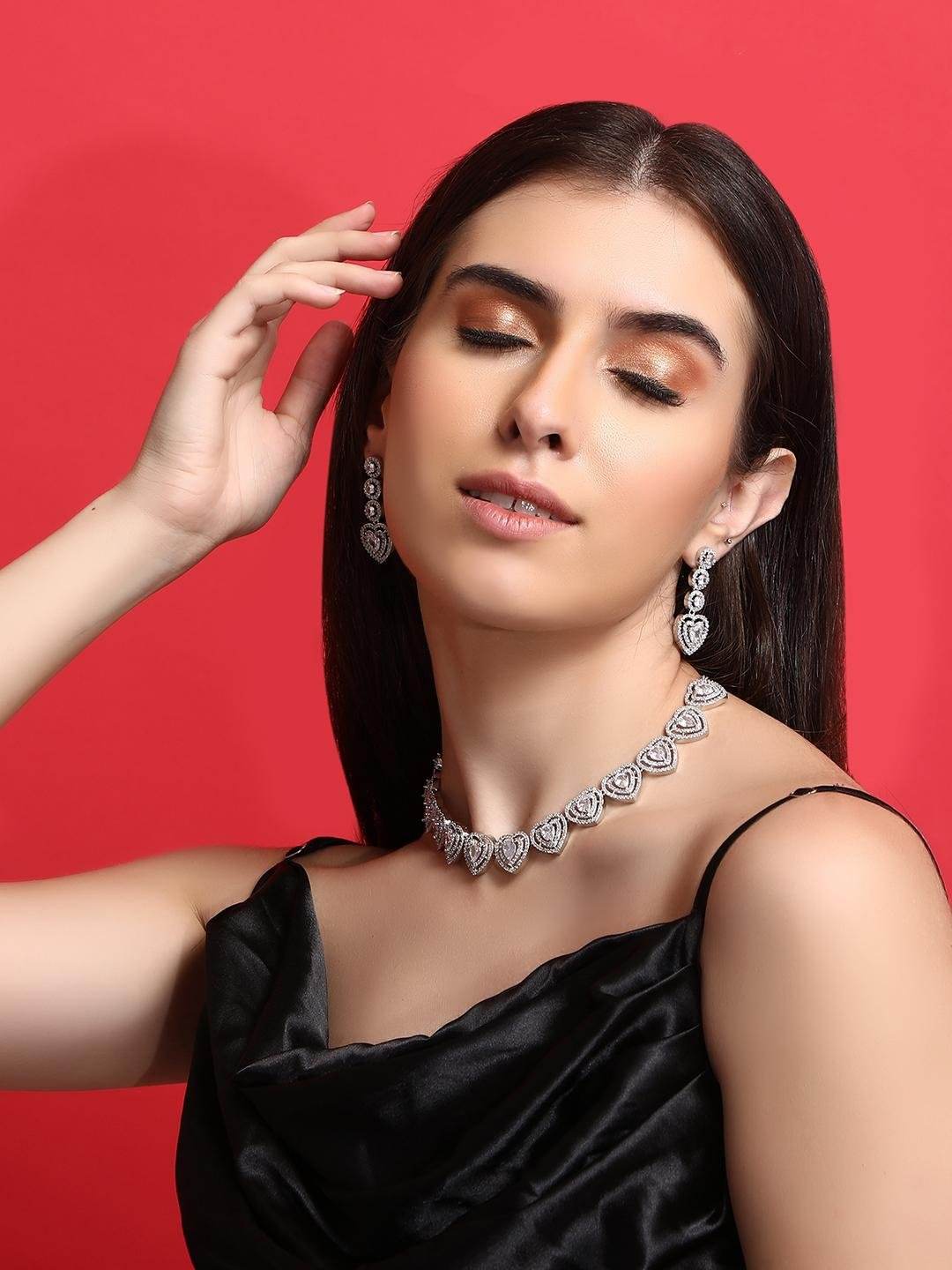 Heart Shaped Rhodium plated American Diamond Necklace Set - Auraa Trends