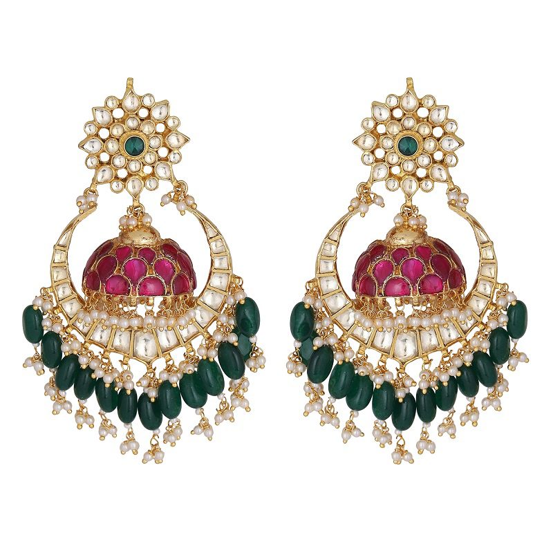 Ornamental Kundan Chaandbali with Red Meena and Green Drops