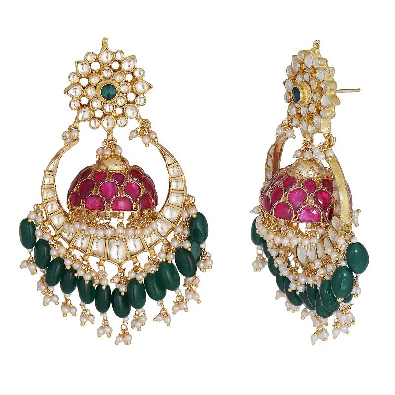 Ornamental Kundan Chaandbali with Red Meena and Green Drops