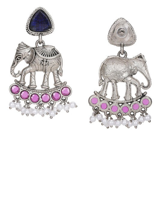 Oxidised silver-tone elephant motif necklace set with green, blue, and pink stones, pearl-style bead drops, and matching earrings
