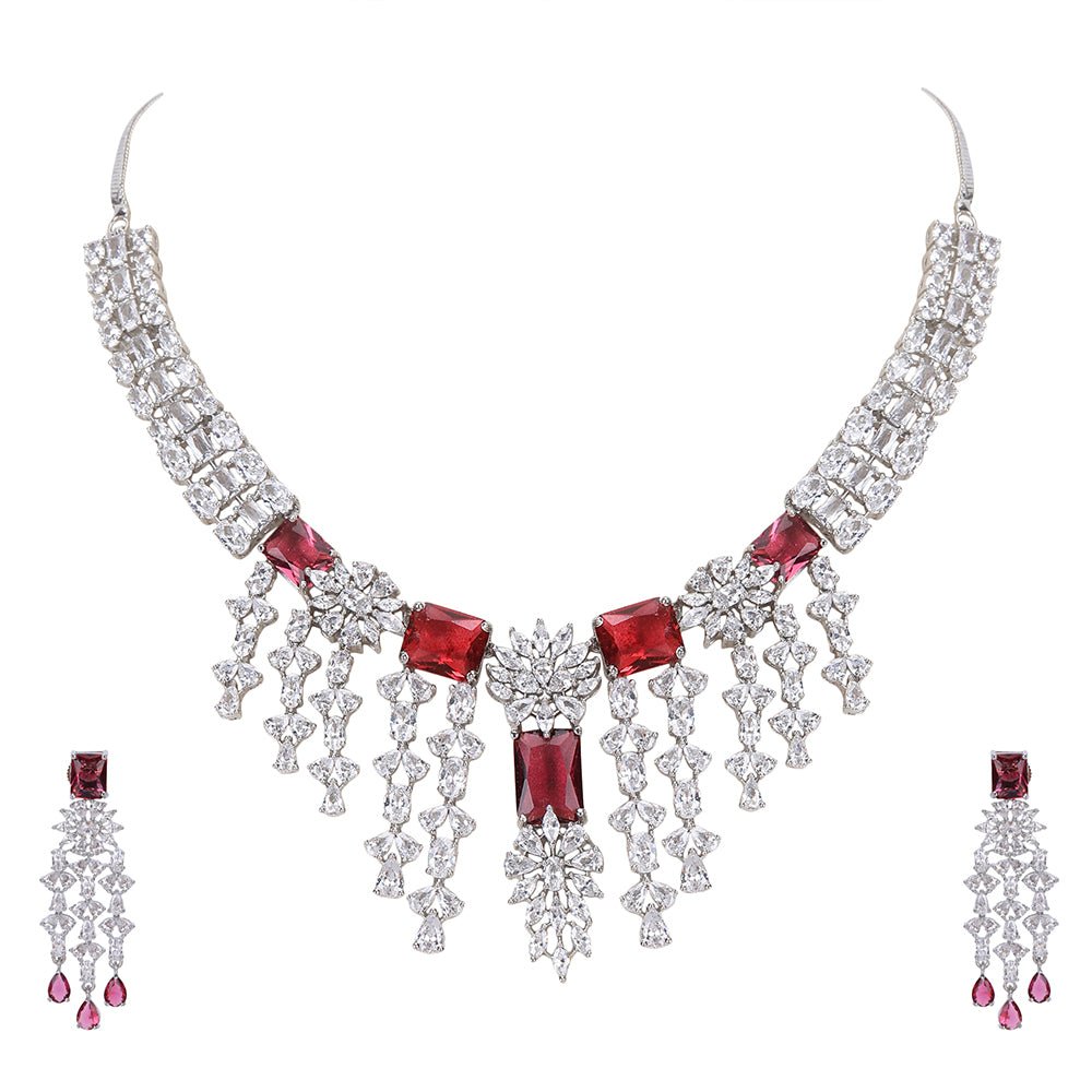 Jewellery Necklace set Matching Earrings Red And Silver - Auraa Trends - Necklace Set - Buy Jewellery Necklace set Earrings