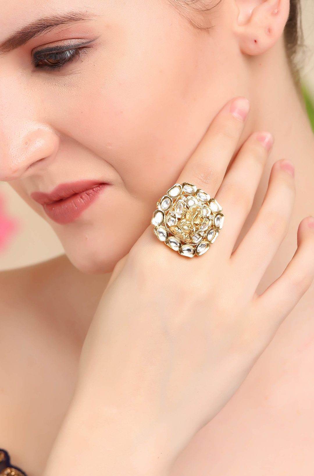 Kingly Gold Plated Kundan Ring - Auraa Trends