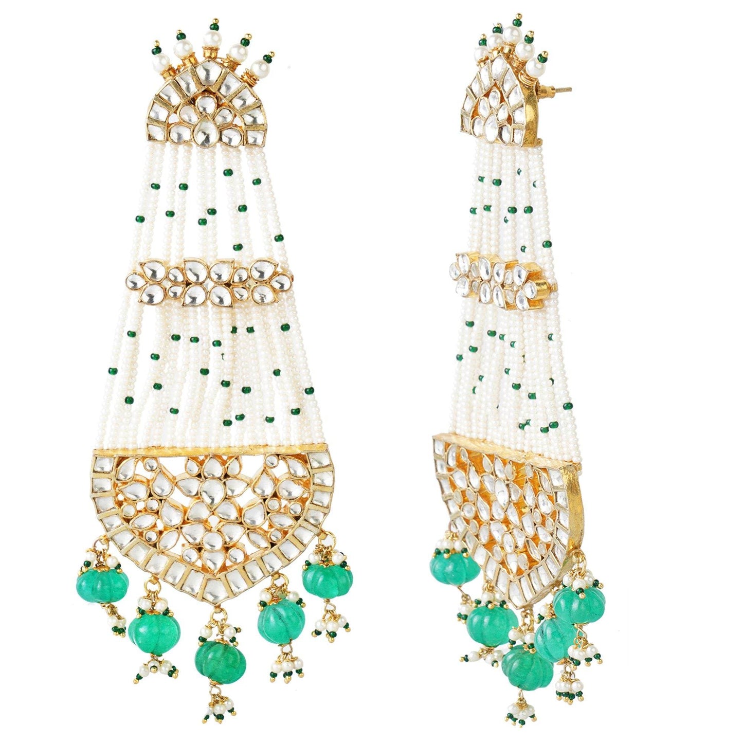 Kundan and Bead Chandelier Earrings with Green Drops - Auraa Trends