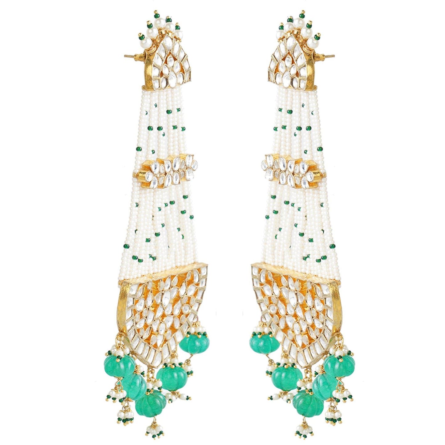 Kundan and Bead Chandelier Earrings with Green Drops - Auraa Trends