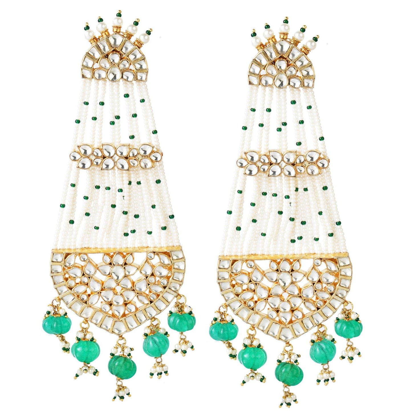 Kundan and Bead Chandelier Earrings with Green Drops - Auraa Trends