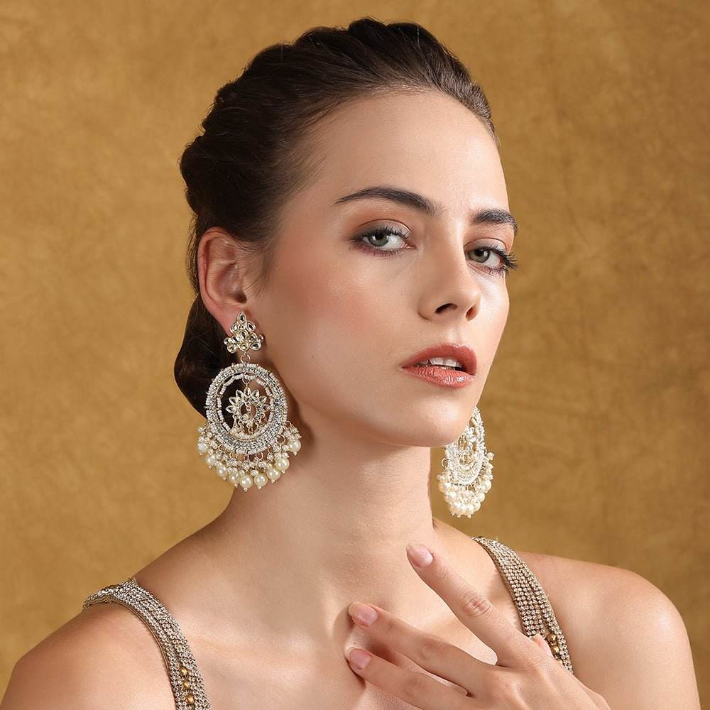 Kundan and Pearl Chandbaali Earrings - Auraa Trends
