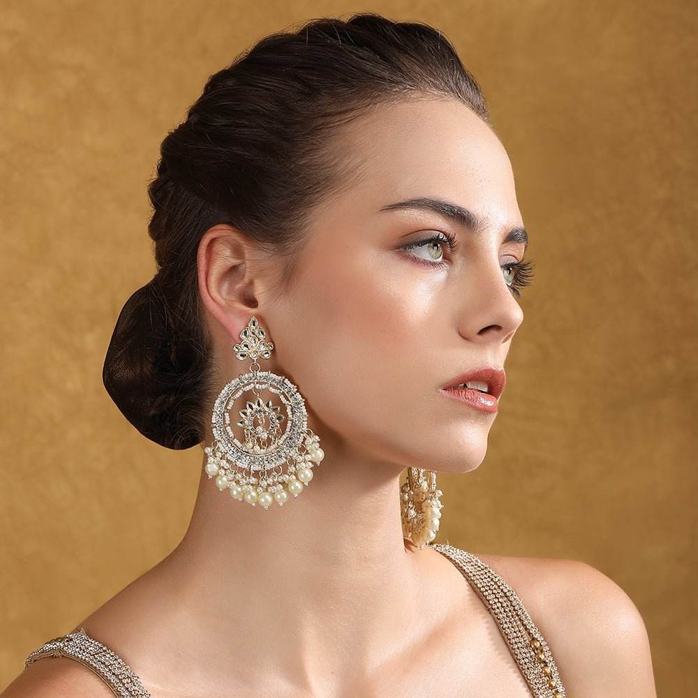 Kundan and Pearl Chandbaali Earrings - Auraa Trends