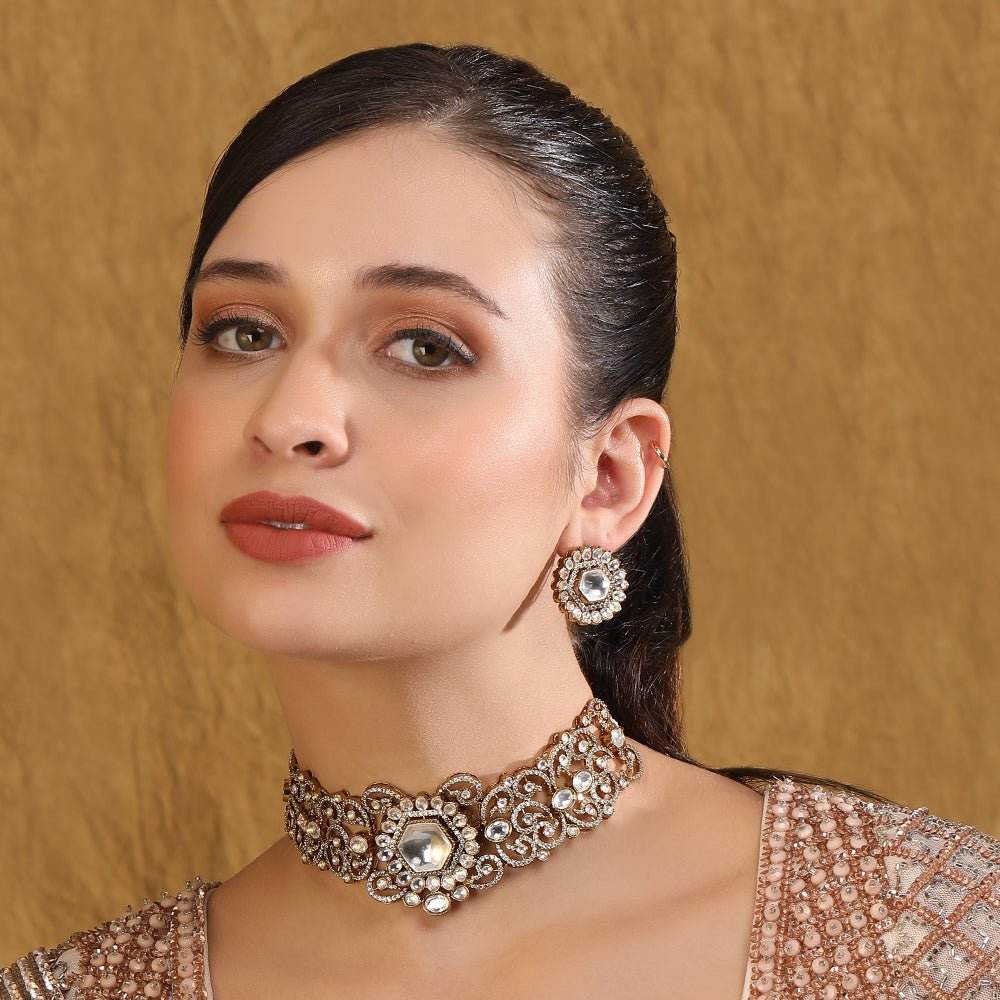 Kundan Bridal Choker Necklace Earring Set For Women - Auraa Trends