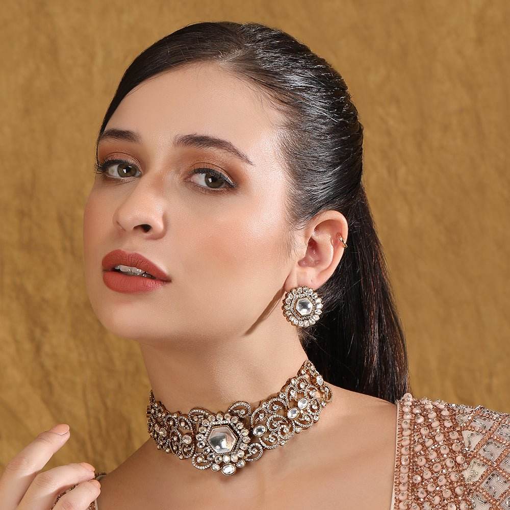 Kundan Bridal Choker Necklace Earring Set For Women - Auraa Trends