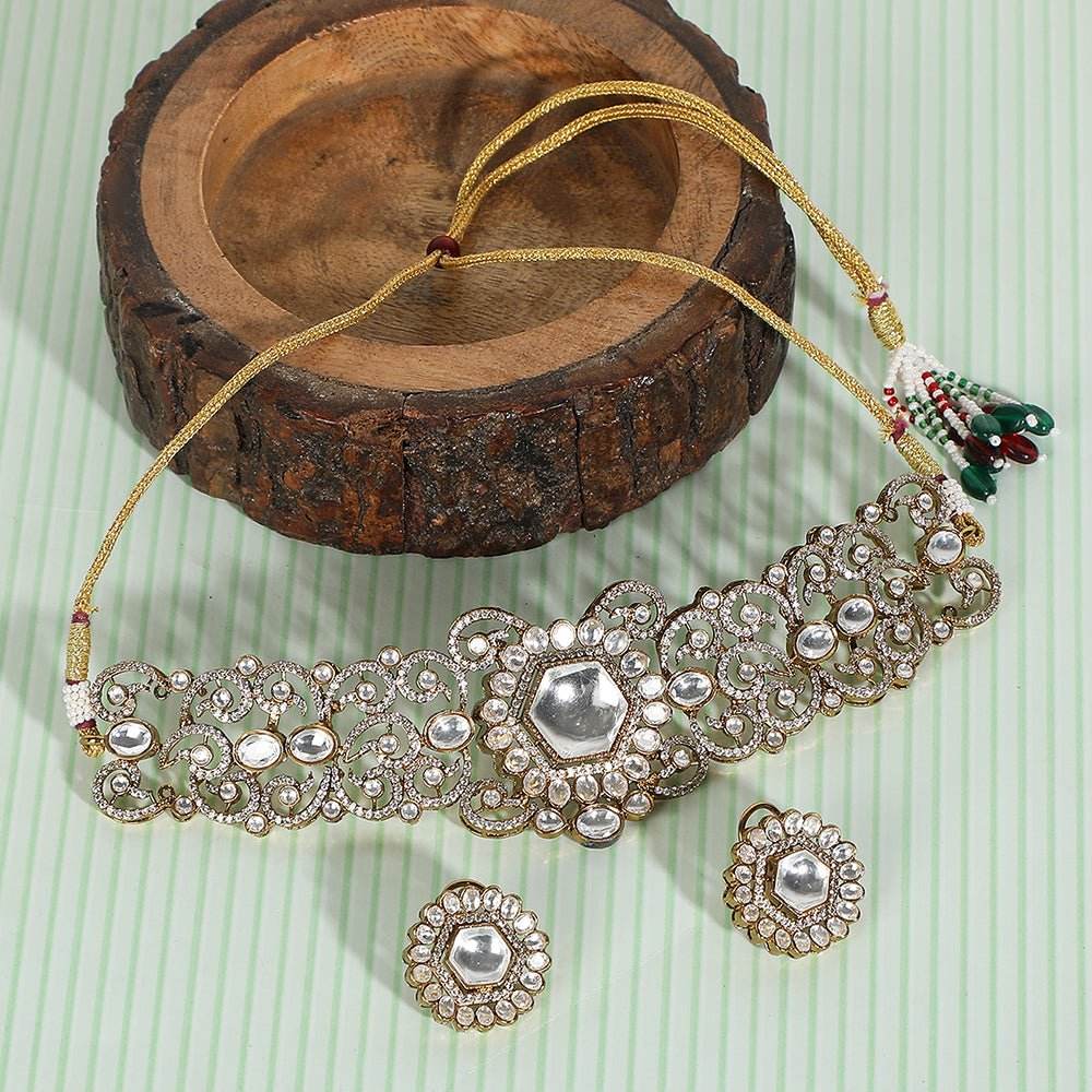 Kundan Bridal Choker Necklace Earring Set For Women - Auraa Trends