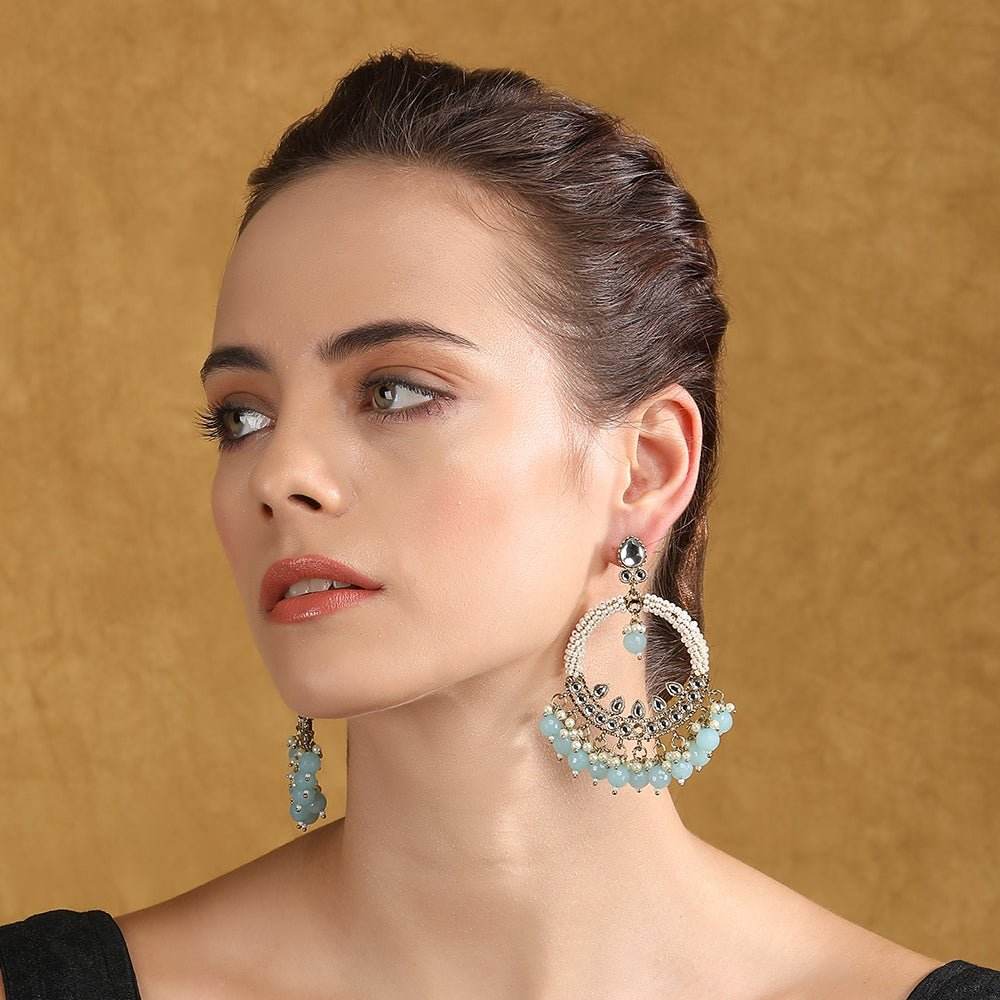 Kundan Chandbaali Earrings Set with Aqua Blue Beads and Pearls - Auraa Trends