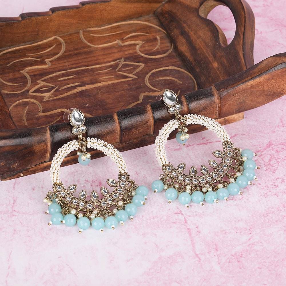 Kundan Chandbaali Earrings Set with Aqua Blue Beads and Pearls - Auraa Trends