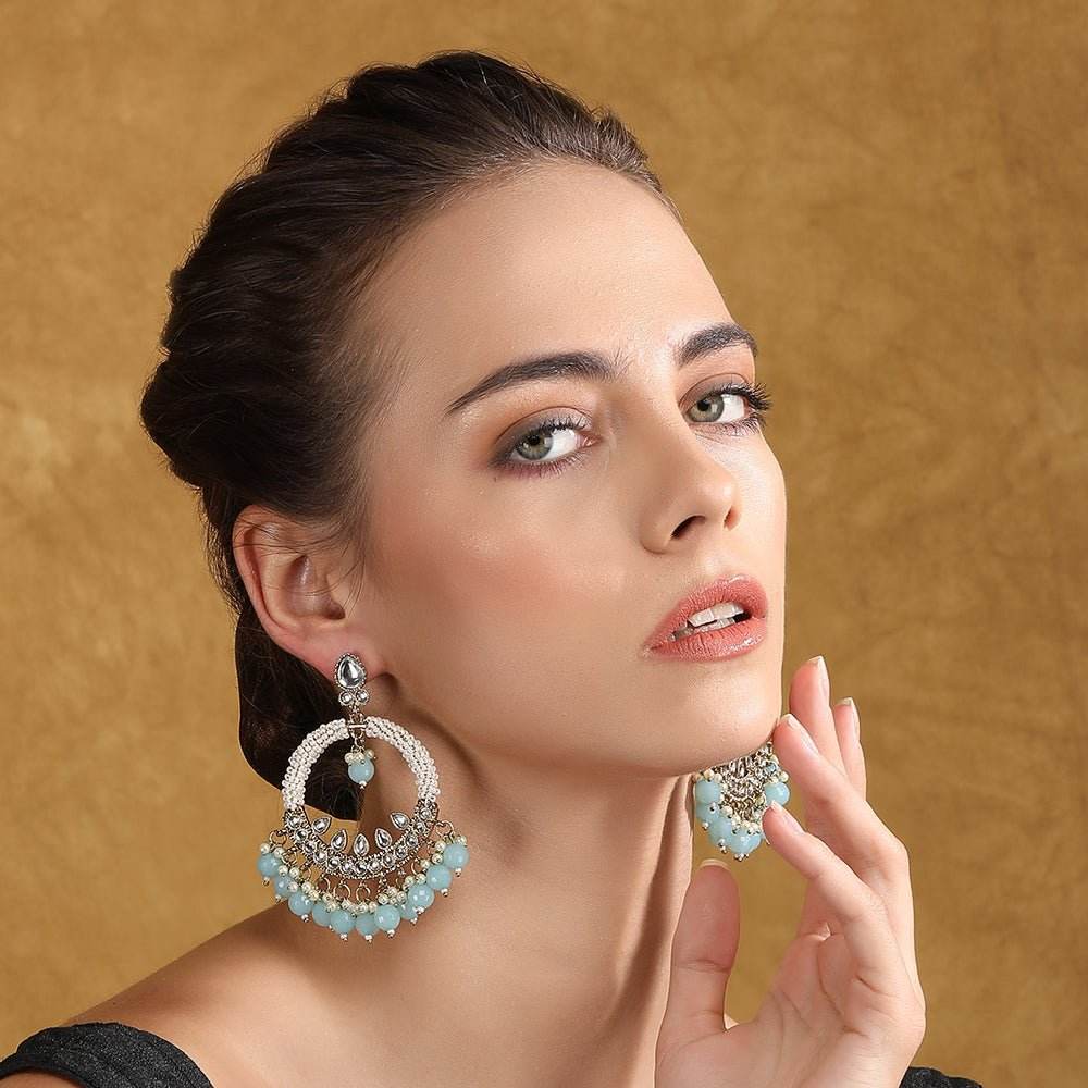 Kundan Chandbaali Earrings Set with Aqua Blue Beads and Pearls - Auraa Trends