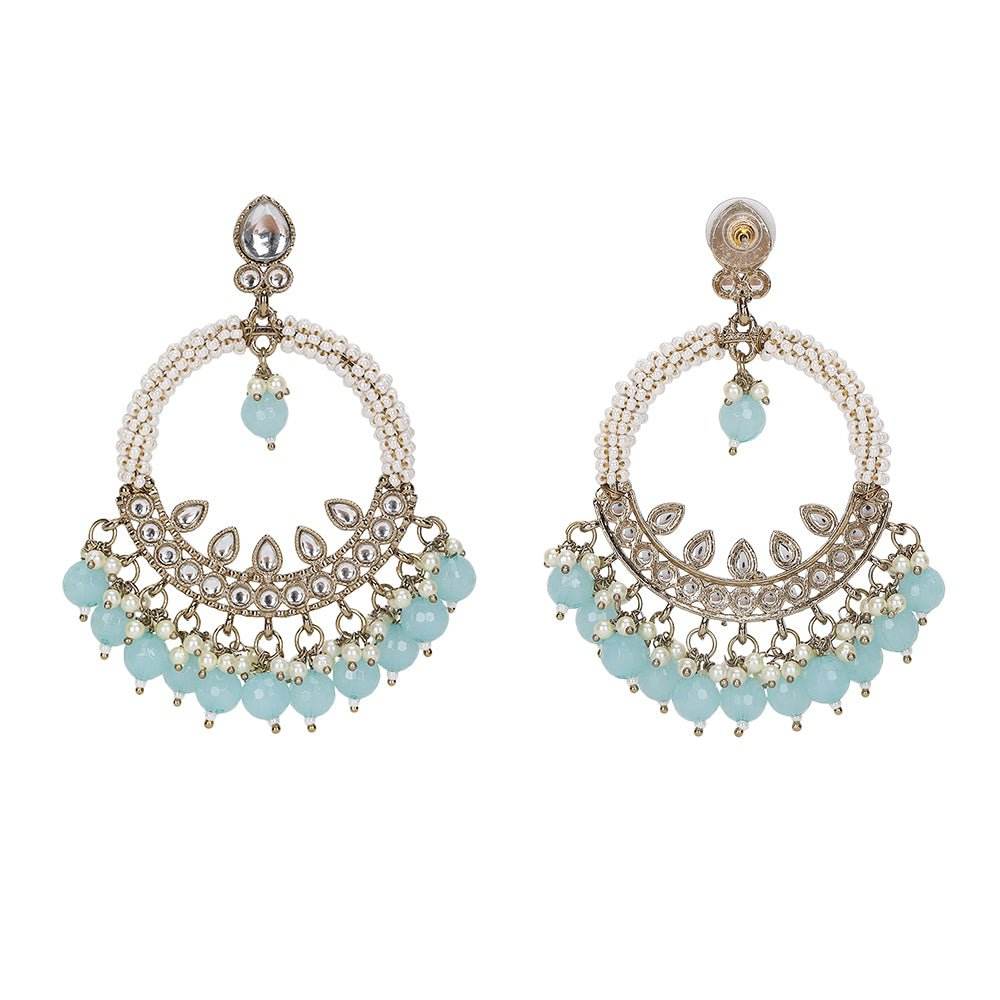 Kundan Chandbaali Earrings Set with Aqua Blue Beads and Pearls - Auraa Trends