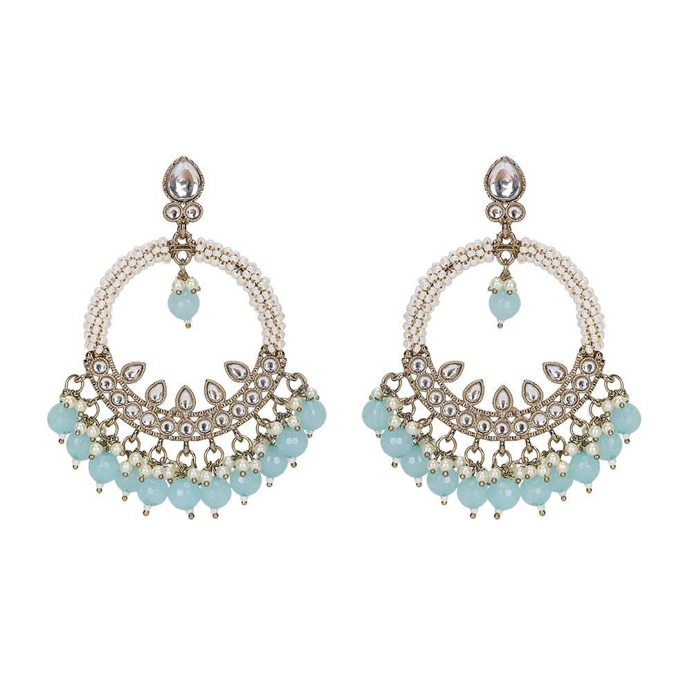 Kundan Chandbaali Earrings Set with Aqua Blue Beads and Pearls - Auraa Trends