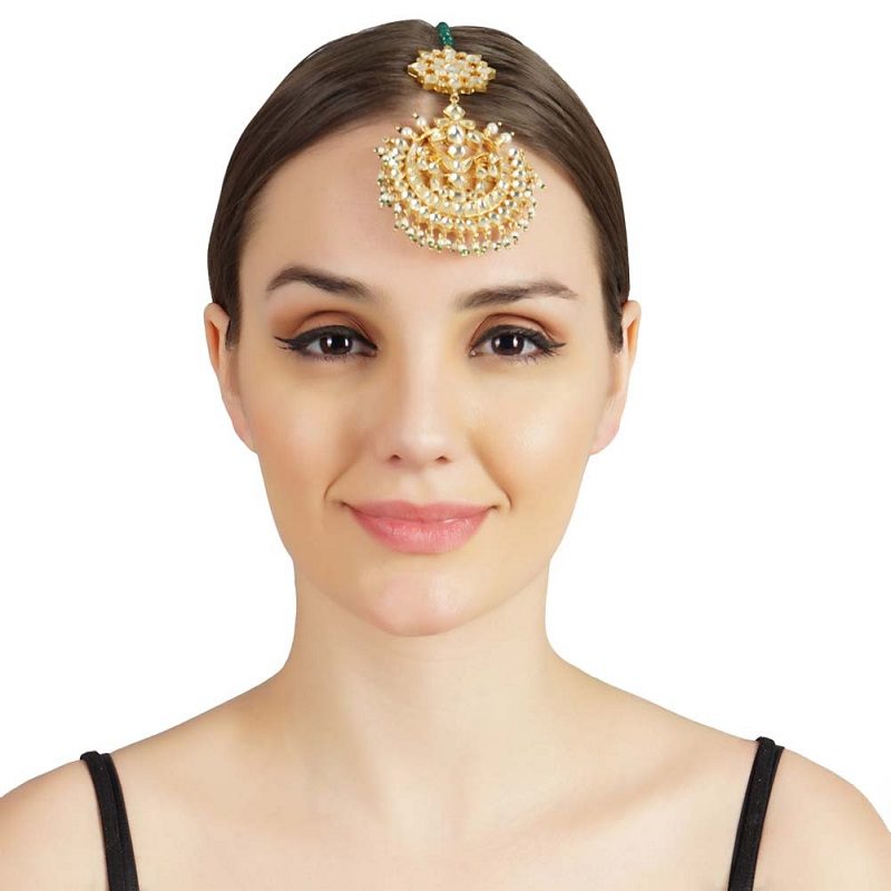 Kundan Chandbali Maangtikka with Pearl Detailing - Auraa Trends - Maangtika - Shop Kundan Maangtika Now at Affordable Price