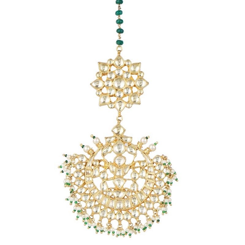 Kundan Chandbali Maangtikka with Pearl Detailing - Auraa Trends - Kundan Chandbali Maang Tikka with Pearl Detailing