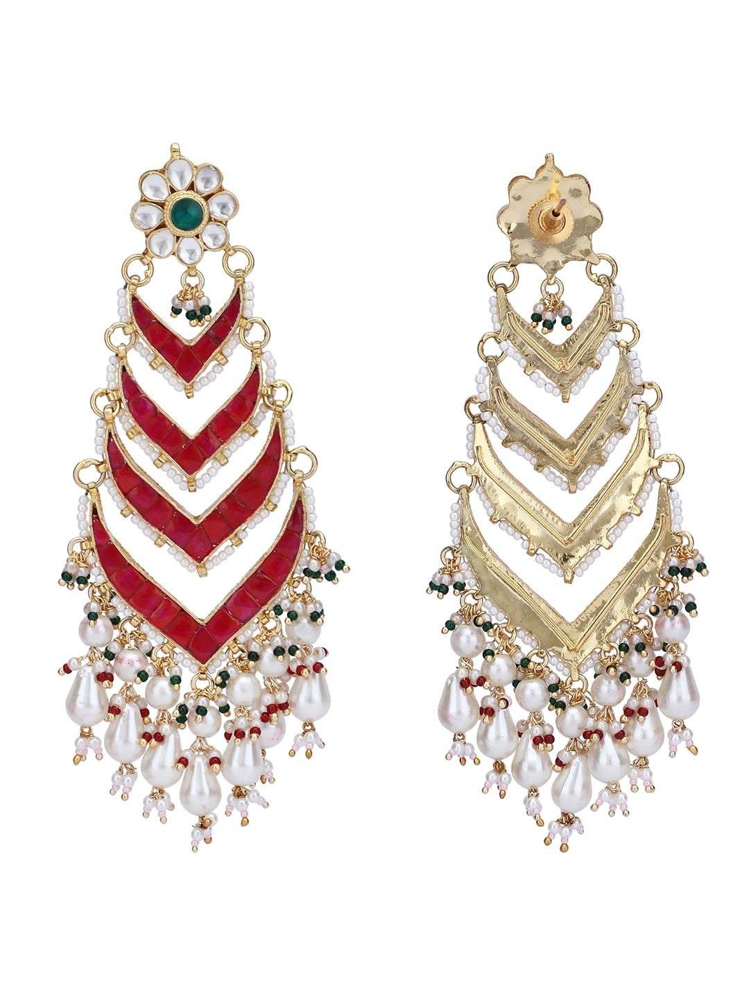 Kundan Chandelier Earrings with Red Enamel & Pearl Drops - Auraa Trends